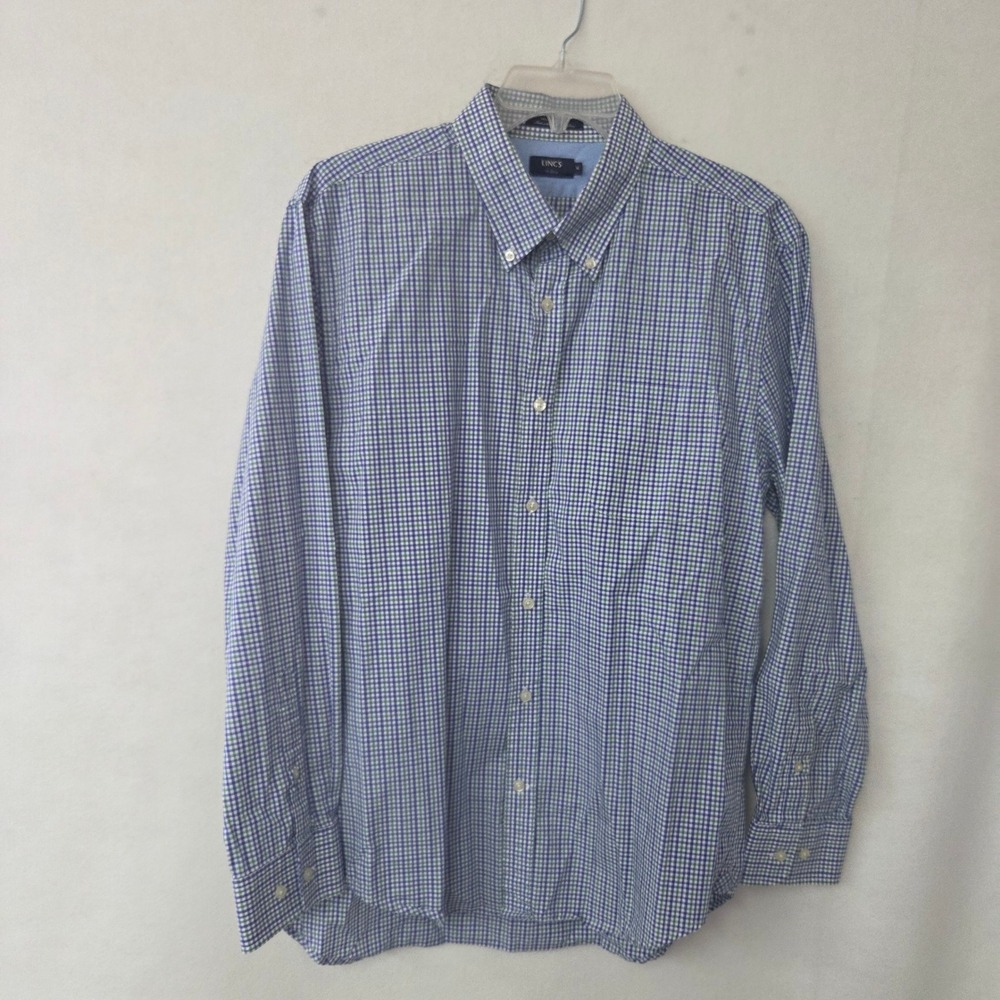 LINCS Shirt Mens XL‎ Blue Green Gingham Check Cotton Button Down Long Sleeve